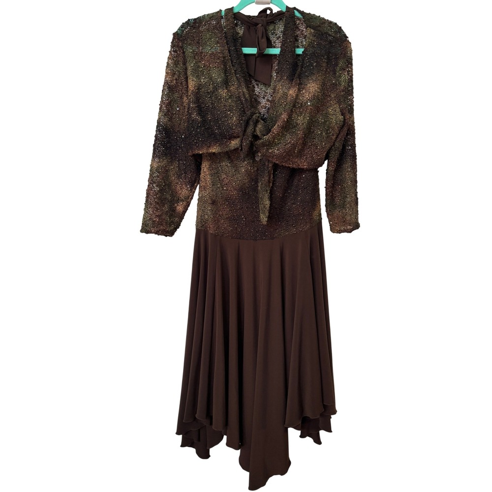 Frank Lyman Design Brown Green Sequin Halter Dress & Bolero Jacket Set 2pc Y2K